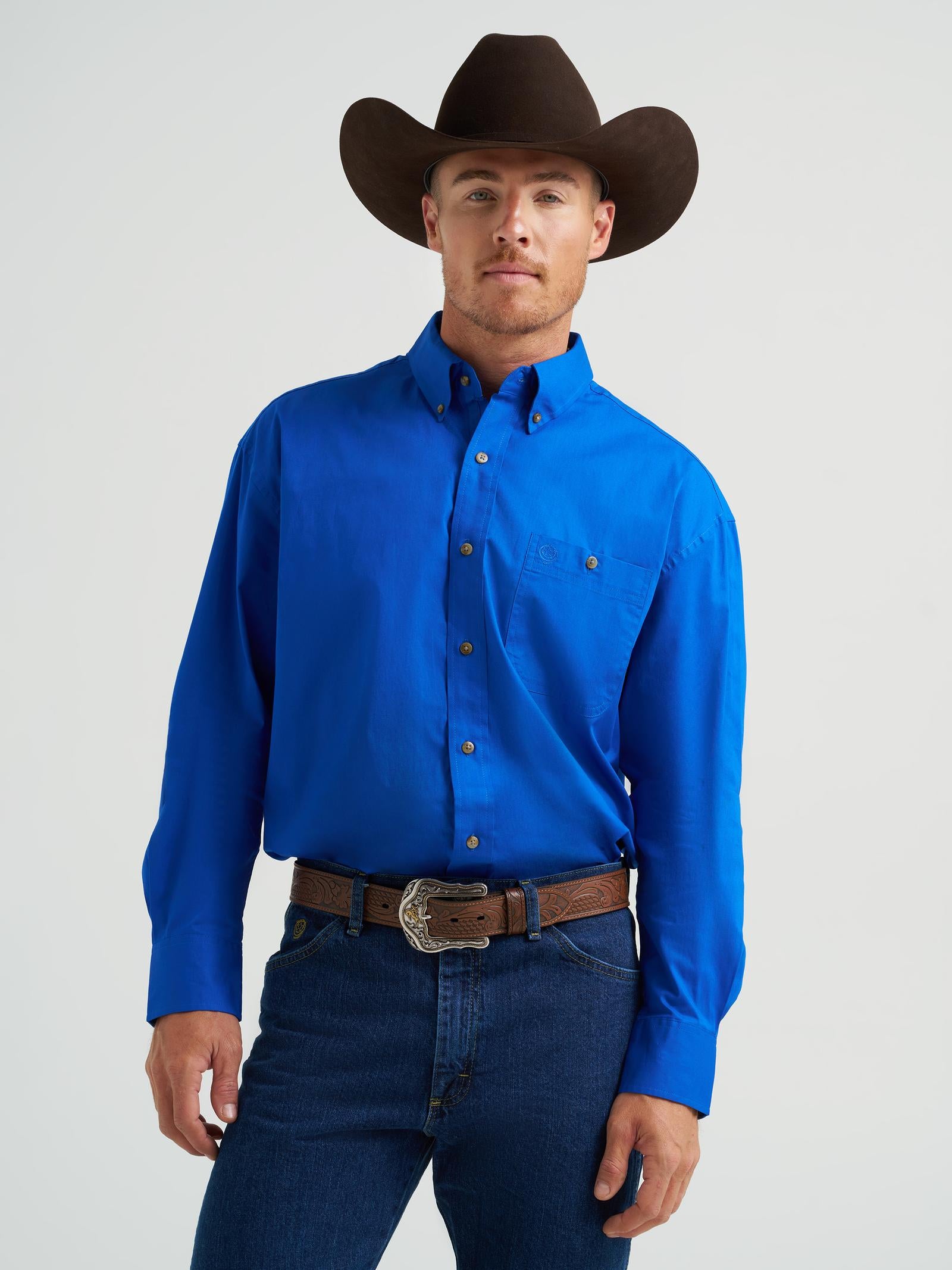 Wrangler Men's George Strait Button Down Shirt, Royal Blue, 2XL