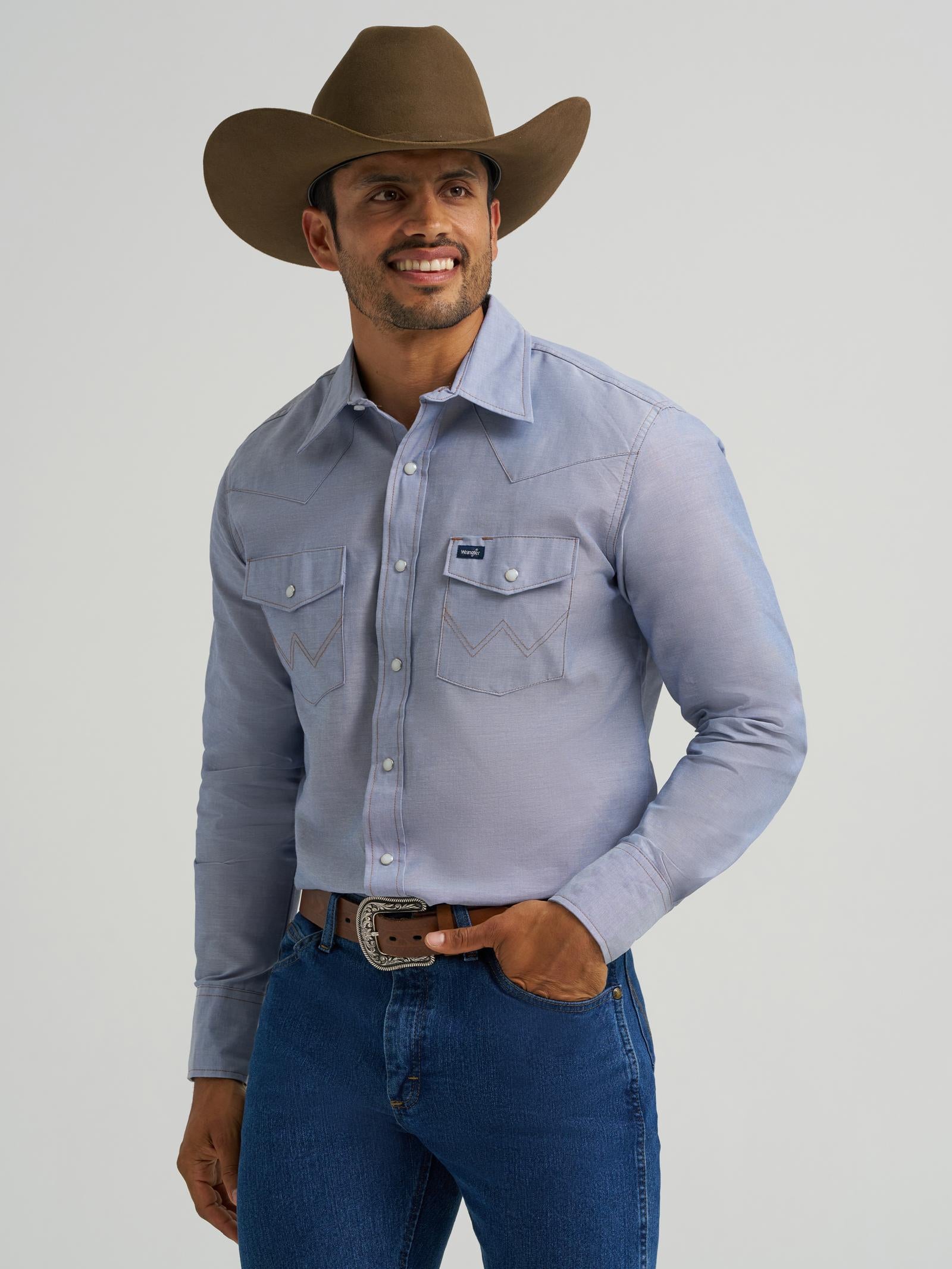wrangler western dress shirts Wrangler Men's Cowboy Cut Work Western Solid Chambray Shirt (Size: Small) Dark Blue