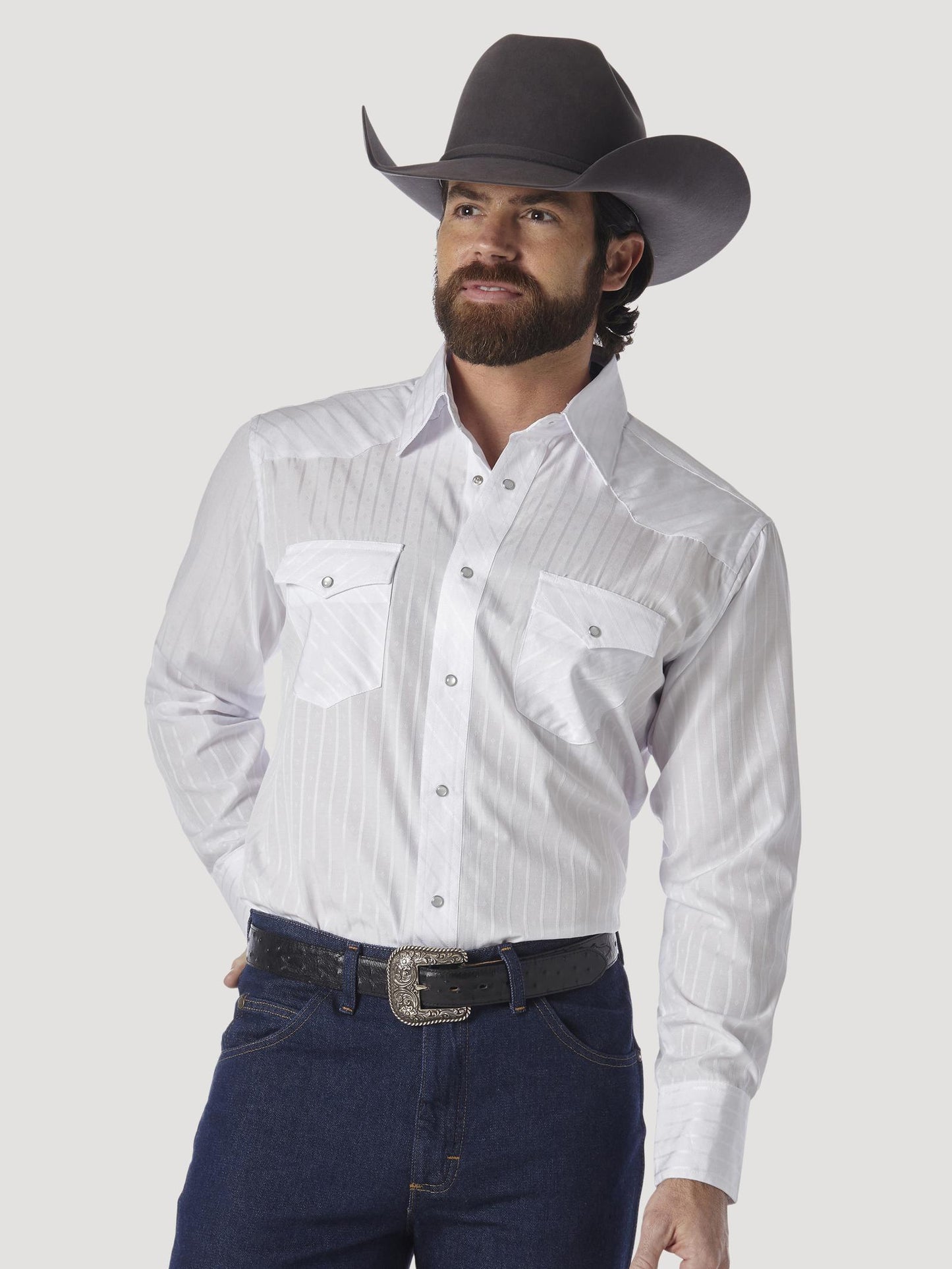 Wrangler® Western Long Sleeve Western Snap Dobby Stripe Shirt - White - 75221WH