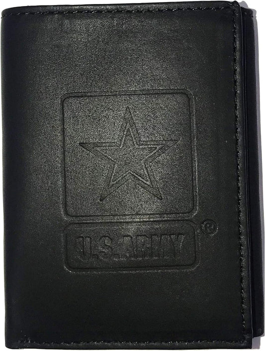 U.S. Military Men's Embossed Leather Wallet Black Army Trifold