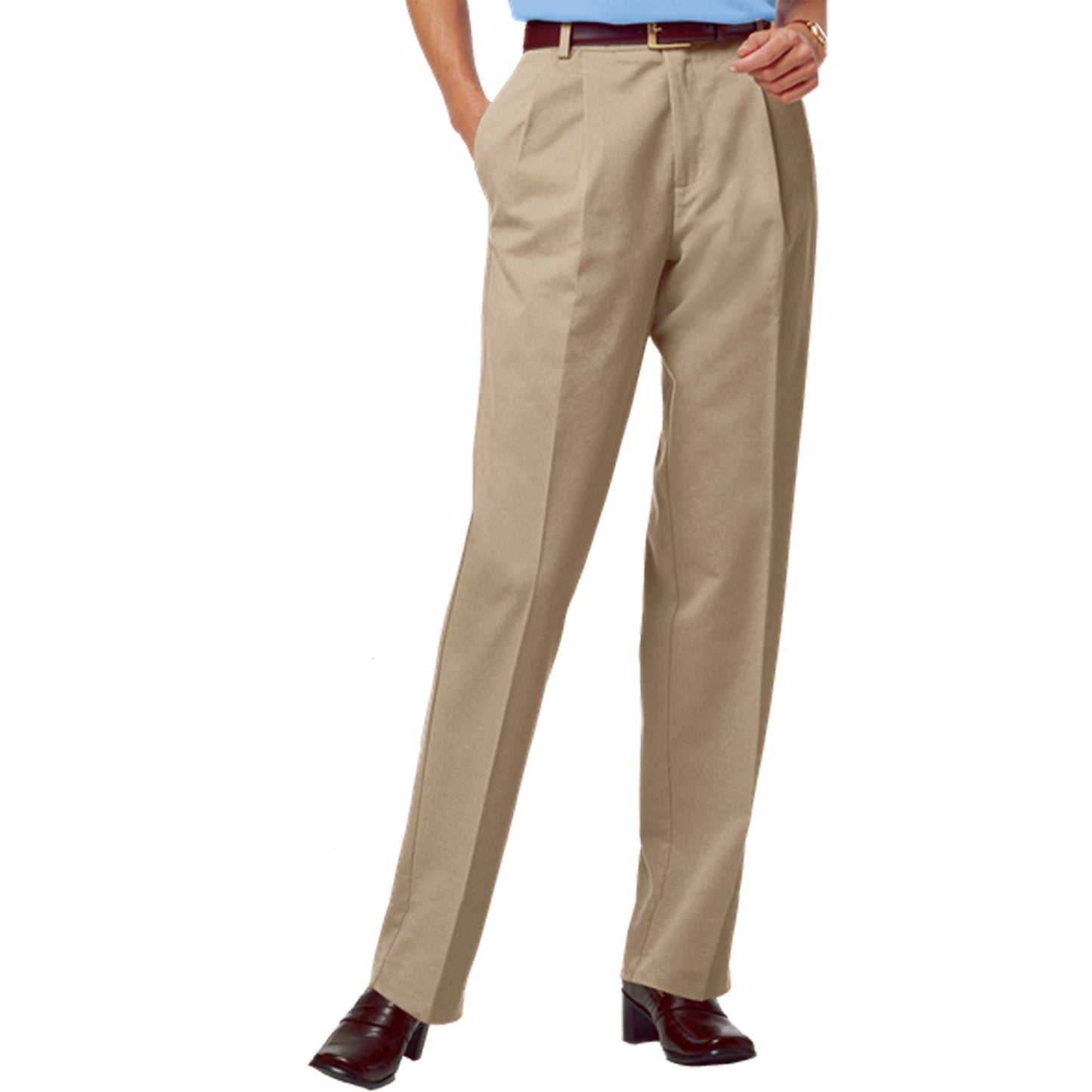 Blue Generation Women's Scotchgard Twill Pleated Front Pant, Khaki, 28W x 30L, Clearance - Basics Clothing Store