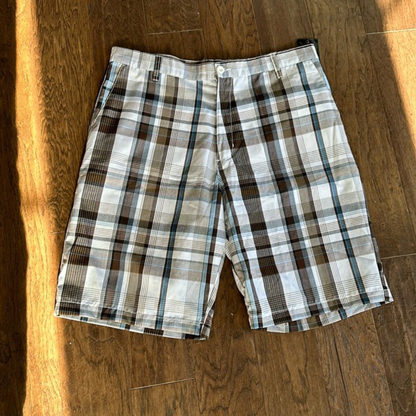 Burnside Stripe Checkered Pattern Shorts, White, 38W, Clearance - Basics Clothing Store