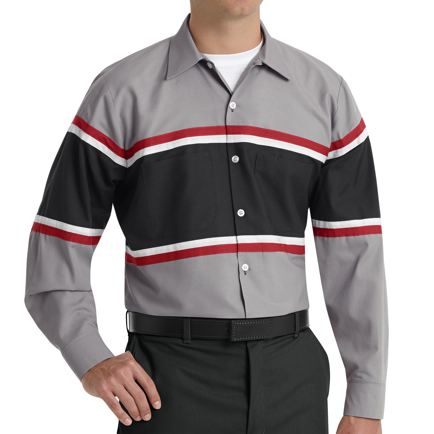 Red Kap Men's Long Sleeve Technician Shirt-Grey / Black w/Red / White Stripe
