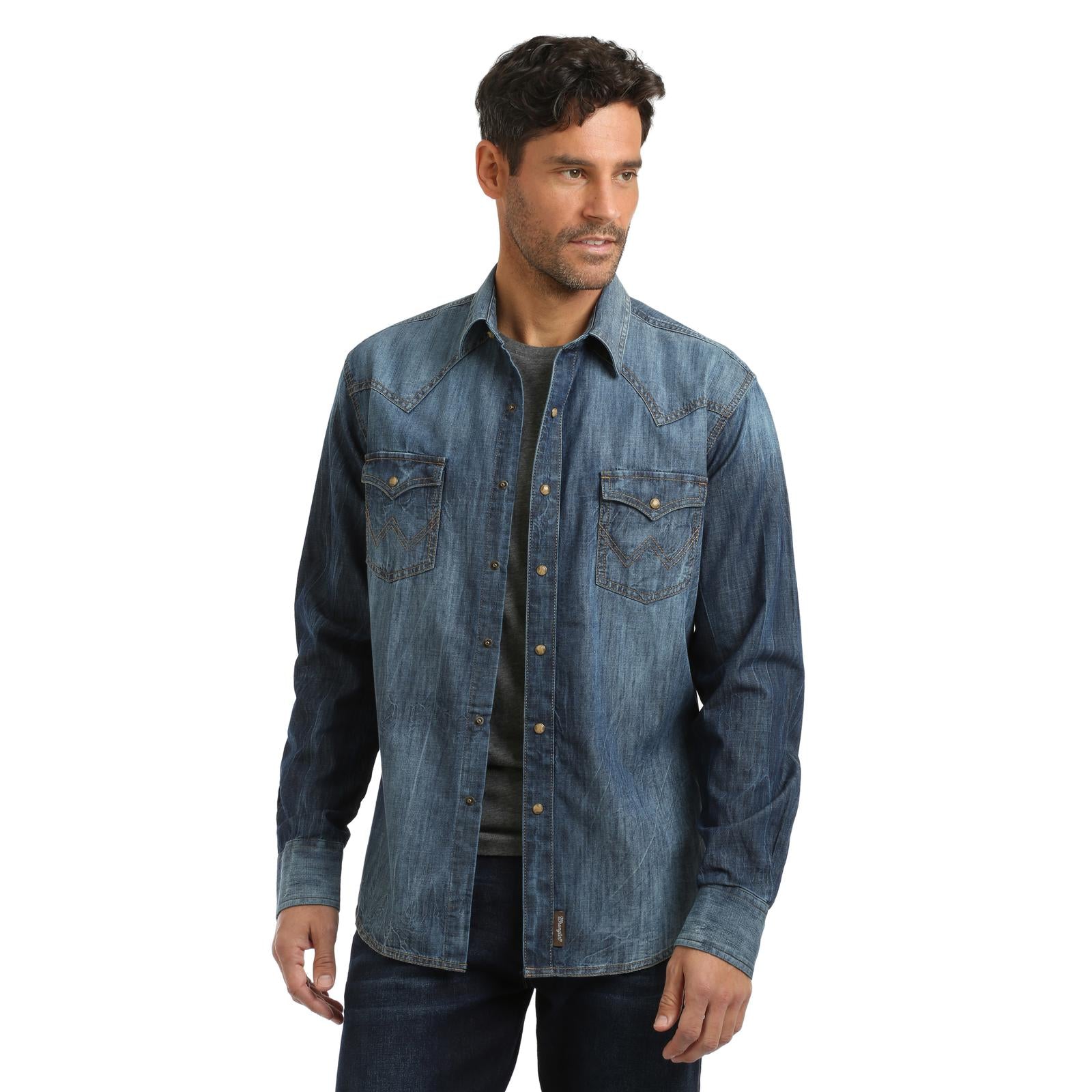 Men's Wrangler Snap-Front Western Shirt, Size: Small, Blue