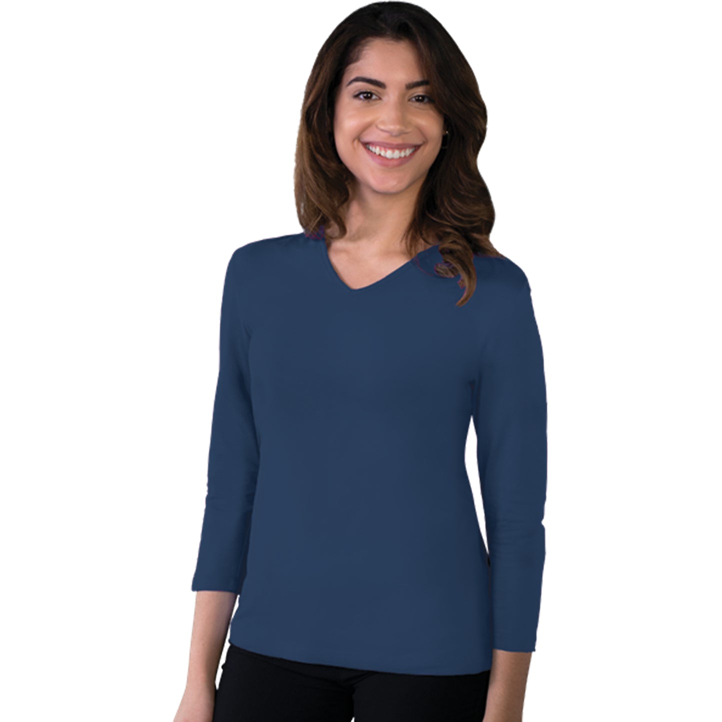 Blue Generation BG4703 Ladies 3/4 Sleeve V-Neck Tee, Navy, Small - (Clearance)