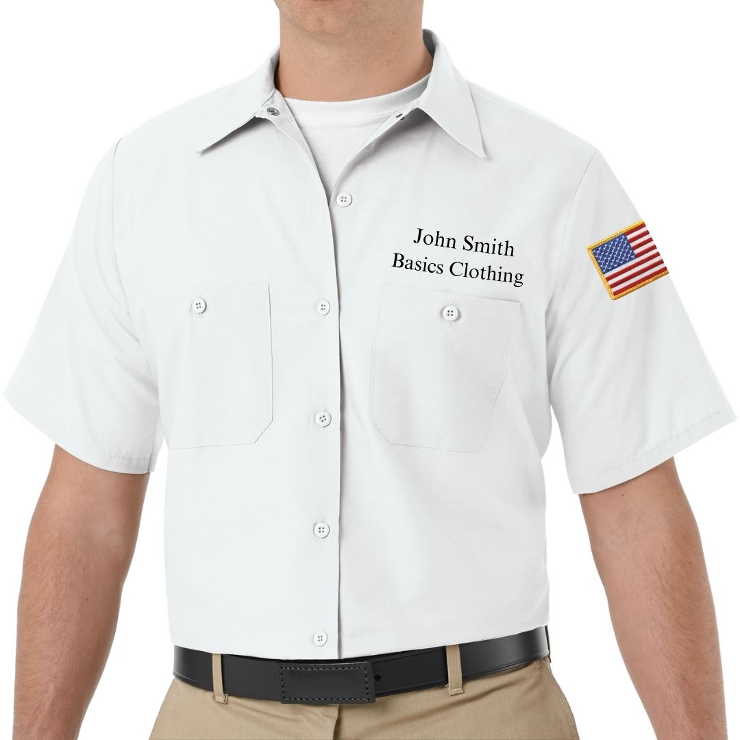 Custom Name Embroidery Short Sleeve Industrial Solid Work Shirt with Name Embroidery and American Flag Patch Custom Name Embroidery Short Sleeve Industrial Solid Work Shirt with Name Embroidery and American Flag Patch