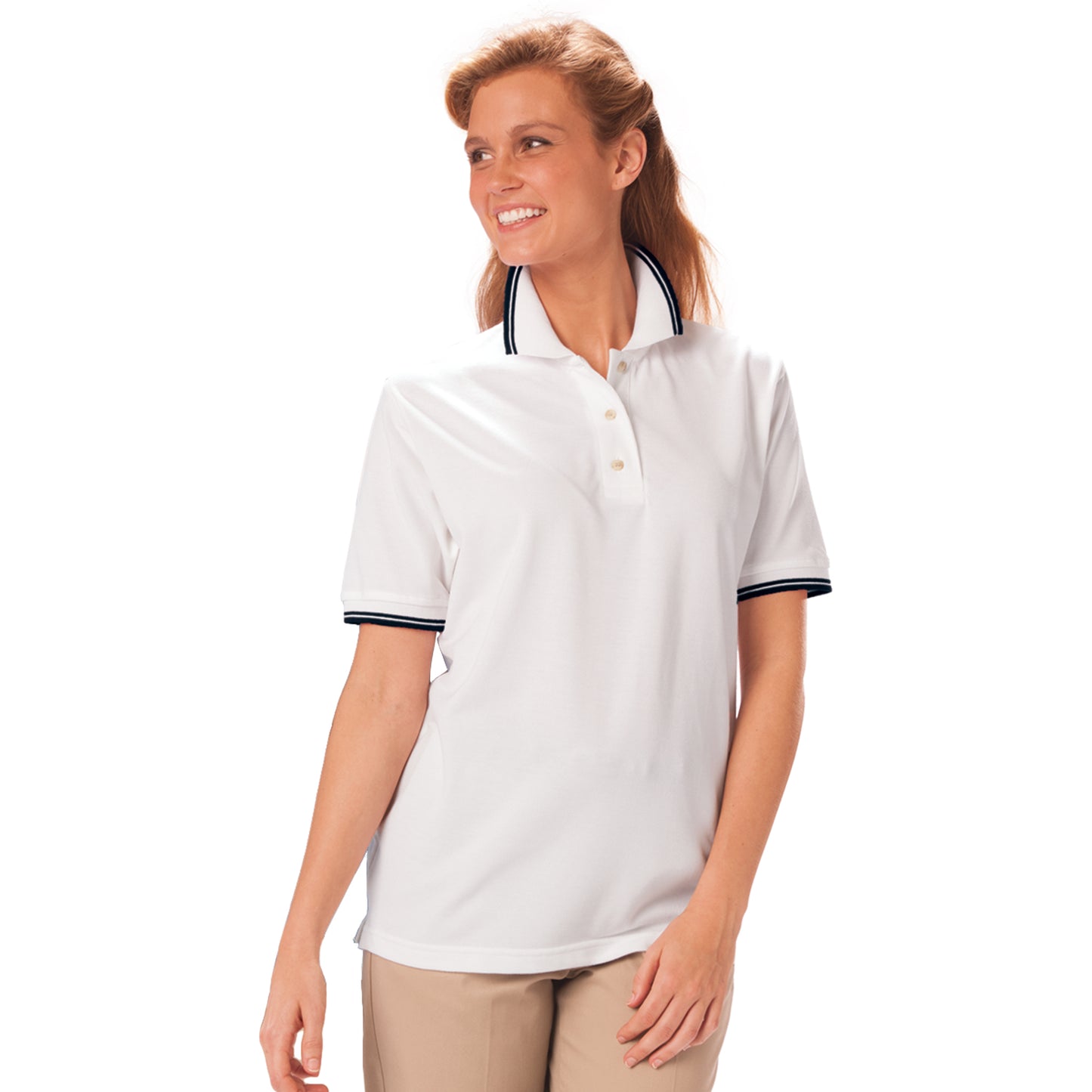 Blue Generation BG6205 Ladies Superblend Tipped Pique Polo, White/Black, Medium (Clearance)