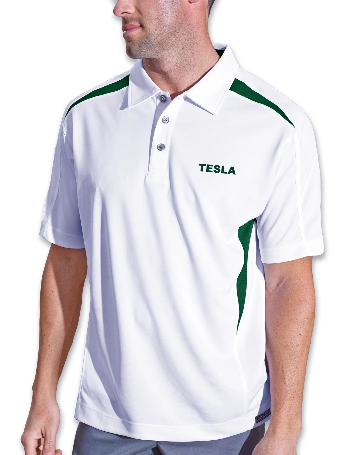 Pro Celebrity Men's S/S Tesla Polo, White/Dark Green, XLarge (Clearance)