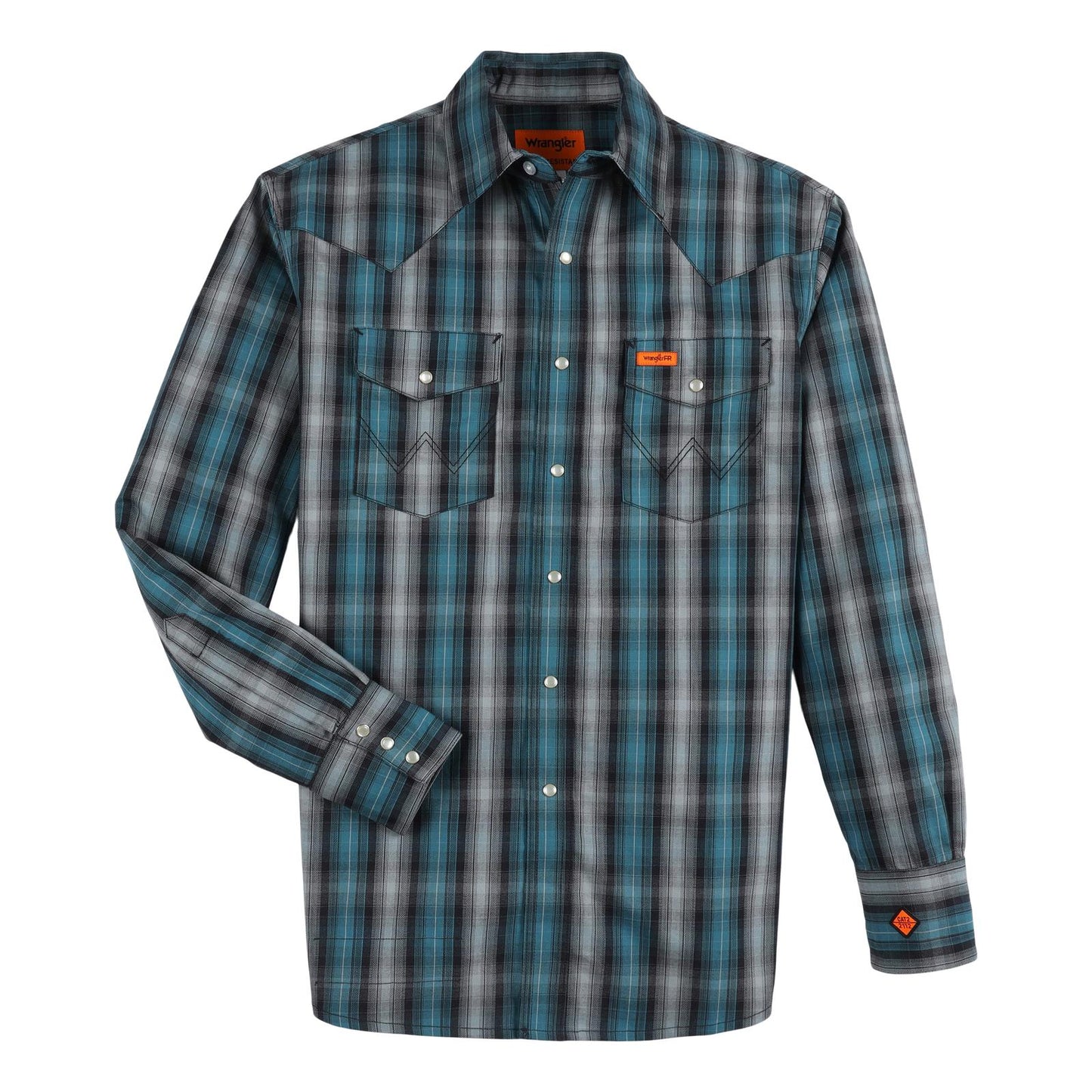 Wrangler® FR Flame-Resistant Long Sleeve Western Snap Plaid Shirt - Black Teal