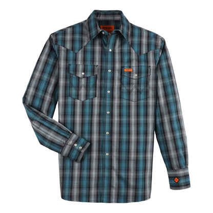 Wrangler® FR Flame-Resistant Long Sleeve Western Snap Plaid Shirt - Black Teal