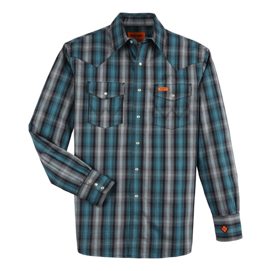 Wrangler® FR Flame-Resistant Long Sleeve Western Snap Plaid Shirt - Black Teal