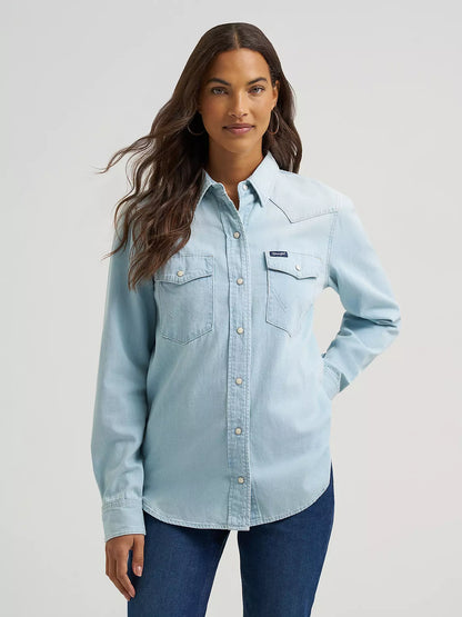 Wrangler® Iconic Western Snap Denim Shirt - Bleached Denim - 112373722