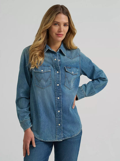 Wrangler® Iconic Western Snap Denim Shirt - Tinted Denim - 112373723