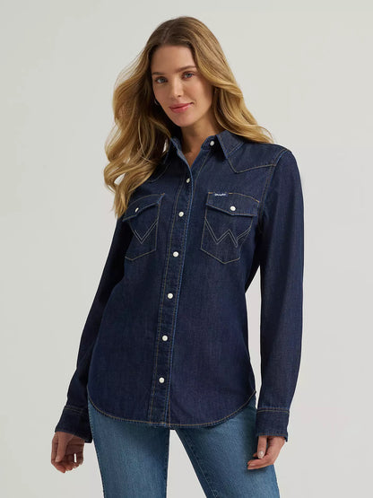 Wrangler® Iconic Western Snap Denim Shirt - Dark Denim - 112373724