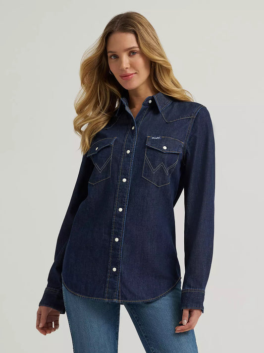 Wrangler® Iconic Western Snap Denim Shirt - Dark Denim - 112373724