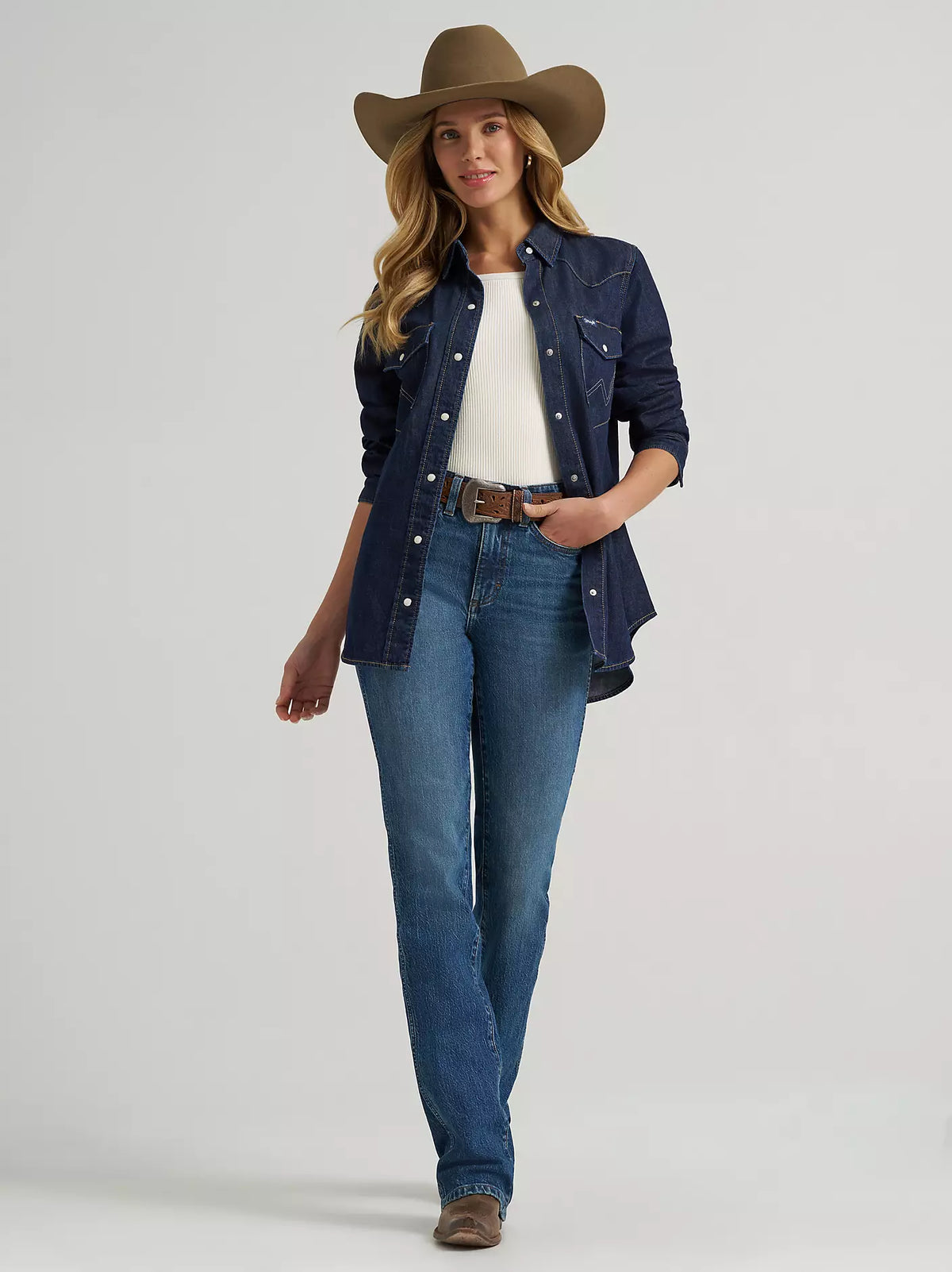 Wrangler® Iconic Western Snap Denim Shirt - Dark Denim - 112373724