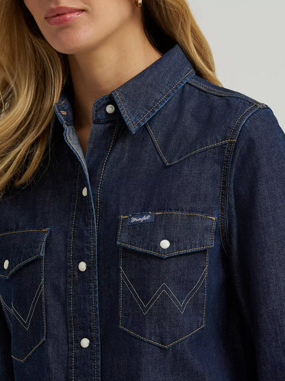 Wrangler® Iconic Western Snap Denim Shirt - Dark Denim - 112373724