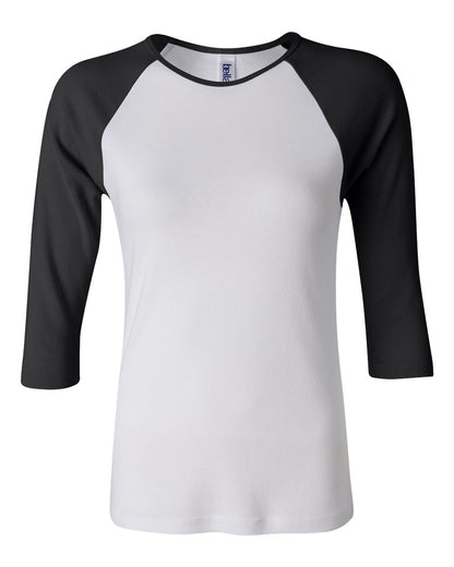 BELLA + CANVAS Women’s 1X1 Baby Rib Raglan Three-Quarter Sleeve Tee