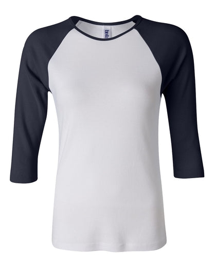 BELLA + CANVAS Women’s 1X1 Baby Rib Raglan Three-Quarter Sleeve Tee