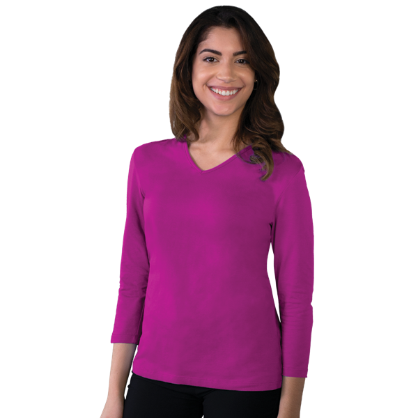Blue Generation Ladies' 3/4 Sleeve V-Neck Tee - BG4703C Clearance - Berry (XS, S, M, L, XL, 2XL, 3XL, 4XL)