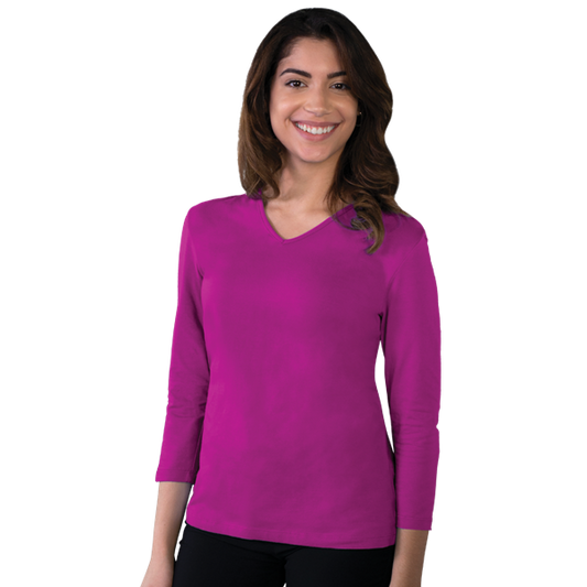 Blue Generation Ladies' 3/4 Sleeve V-Neck Tee - BG4703C Clearance - Berry (XS, S, M, L, XL, 2XL, 3XL, 4XL)