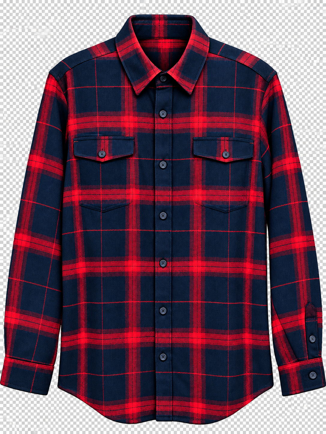 Burnside B8789 - Men's Red & Navy Blue Plaid Long Sleeve Button-Up Flannel Shirt - B8789