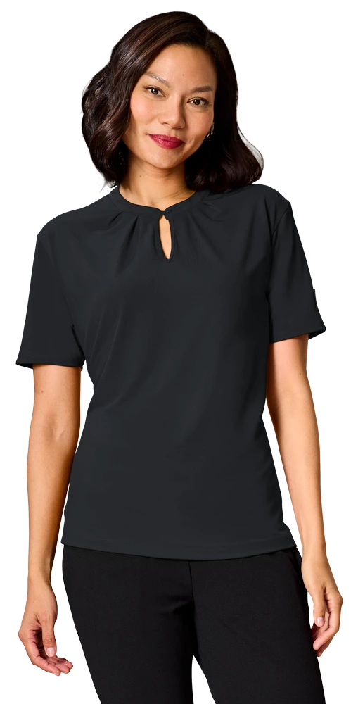 Blue Generation Ladies’ Matte Jersey Keyhole Neckline Short Sleeve Blouse-BG6012