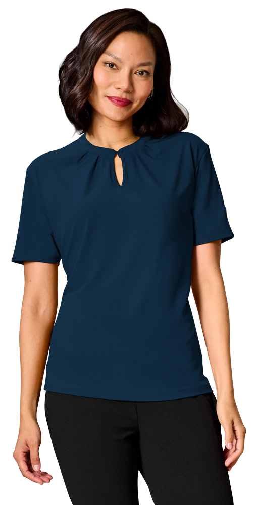 Blue Generation Ladies’ Matte Jersey Keyhole Neckline Short Sleeve Blouse-BG6012