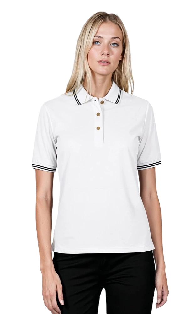 Blue Generation Ladies' Superblend Tipped Pique Polo - BG6205C - White Navy Stripes (XL, 2XL, 3XL, 4XL)