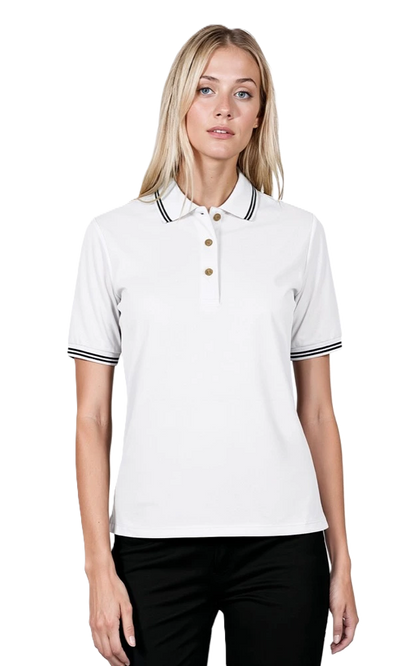 Blue Generation Ladies' Superblend Tipped Pique Polo - BG6205C - White Navy Stripes (XL, 2XL, 3XL, 4XL)