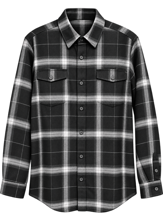 Burnside B8689 - Men's Black & Grey Plaid Long Sleeve Button-Up Flannel Shirt - B8689