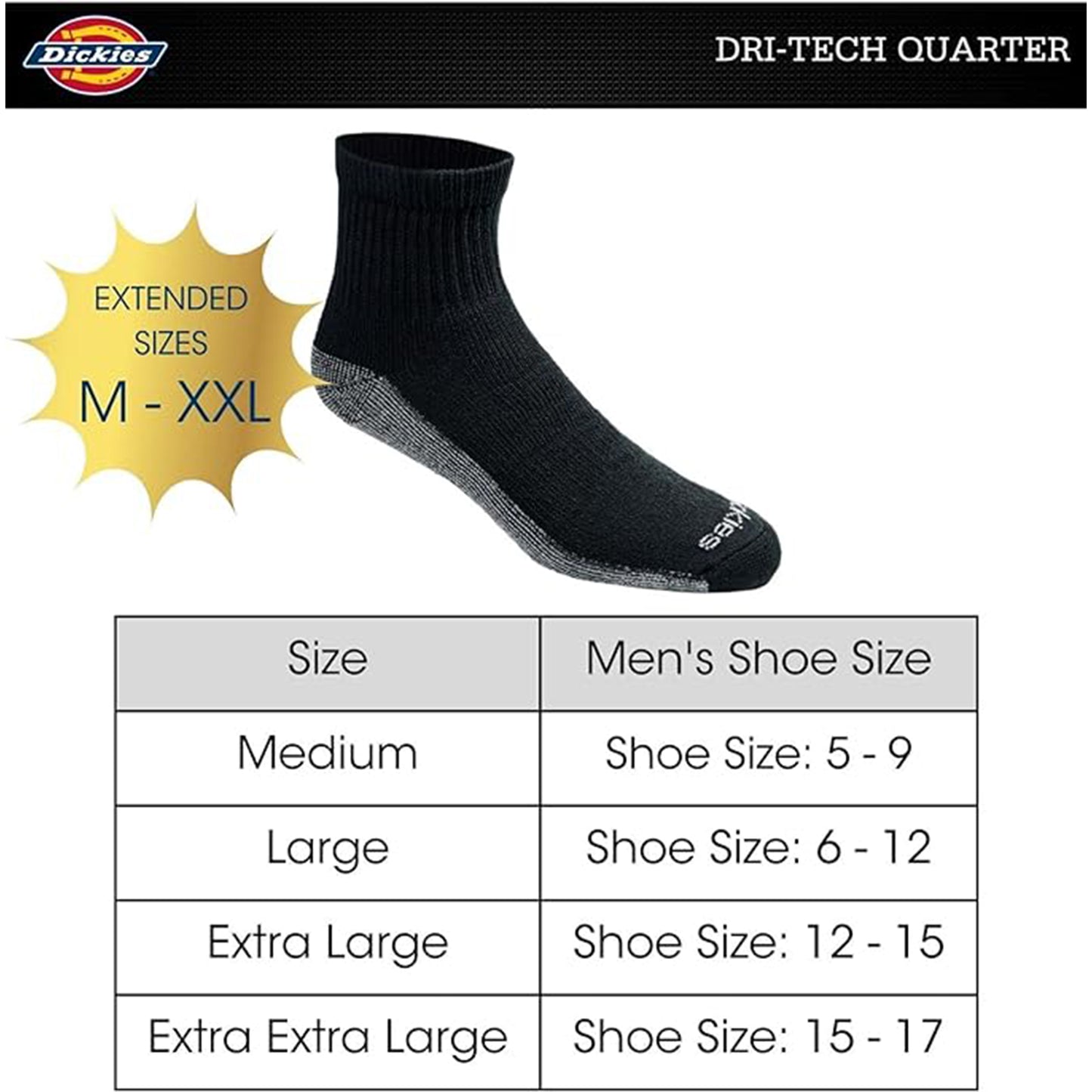 Dickies Men's 6 Packs Dri-tech Moisture Control Quarter Socks, Sizes 12-15