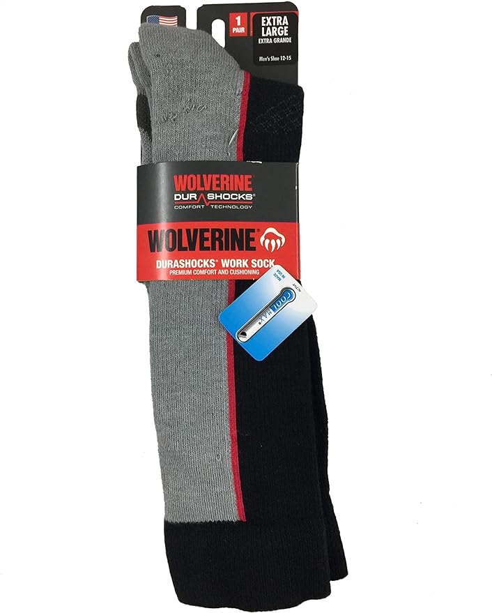 Wolverine Made in USA Men's 1PK Comfort and Cushioning Durashicks Work Socks,Black/Noir, XL