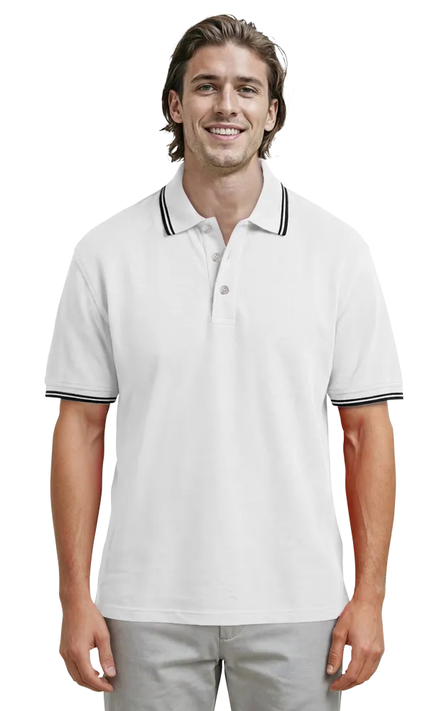 Blue Generation Men's Superblend Tipped Polo - BG7205C - White Navy Stripes (4XL, 5XL, 6XL)