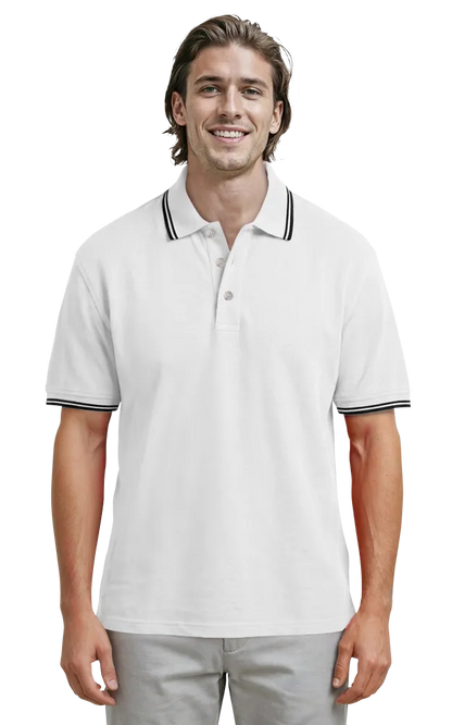 Blue Generation Men's Superblend Tipped Polo - BG7205C - White Navy Stripes (4XL, 5XL, 6XL)