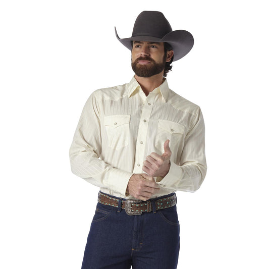 Wrangler® Western Long Sleeve Western Snap Dobby Stripe Shirt - Tan (Light)