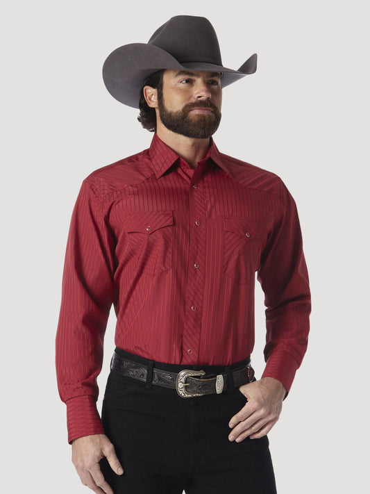 Wrangler® Western Long Sleeve Western Snap Dobby Stripe Shirt - Wine - 75740WN