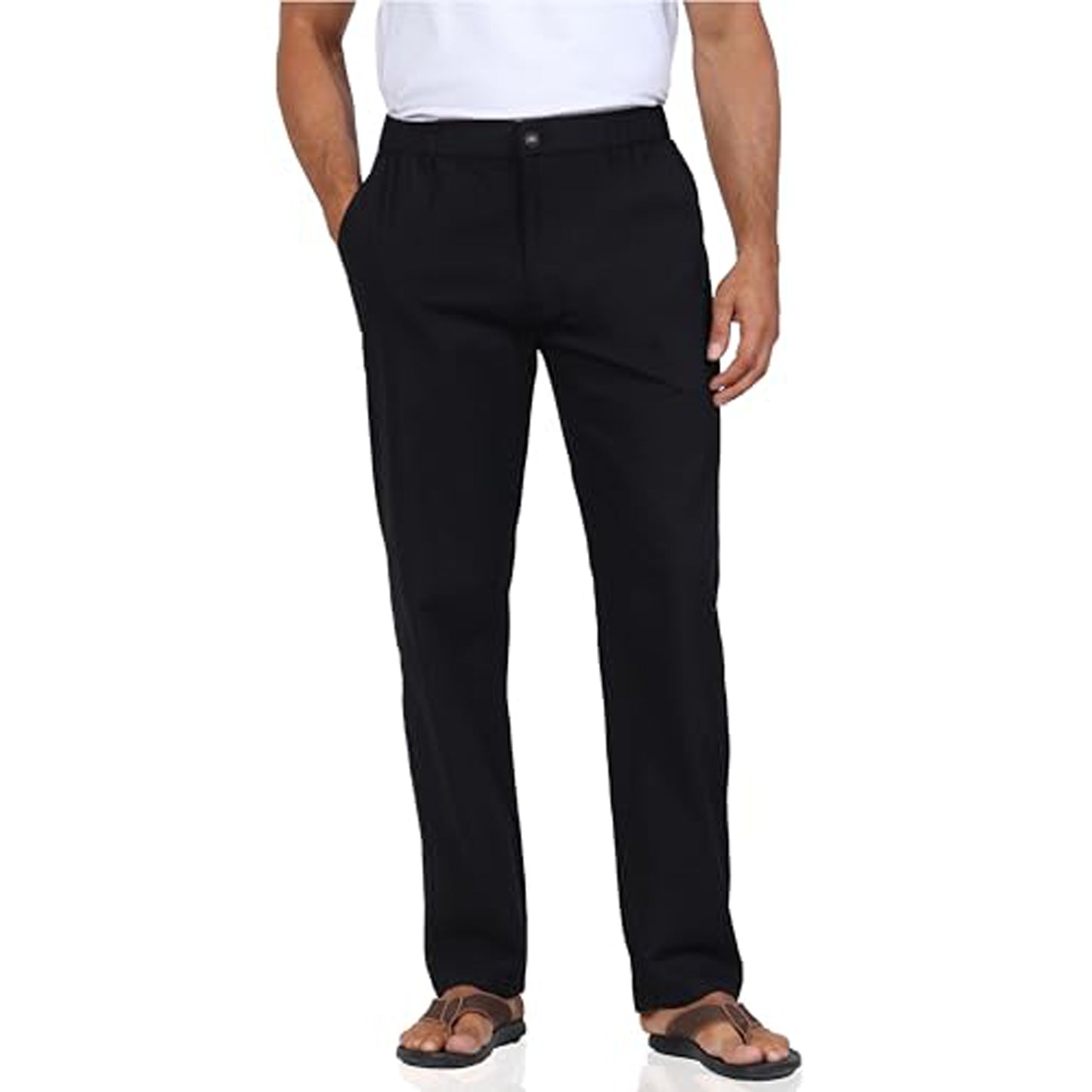 Soojun Men's Casual Linen Blend Relaxed Fit Straight Leg Elastic Waist Pants, Navy, 36 x 30, Clearance - Basics Clothing Store