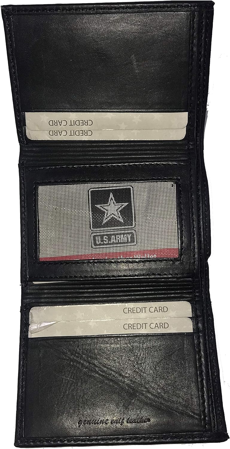 U.S. Military Men's Embossed Leather Wallet Black Army Trifold