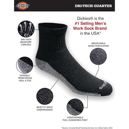 Dickies Men's 6 Packs Dri-tech Moisture Control Quarter Socks, Sizes 12-15