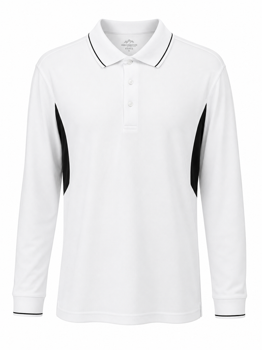 Tri Mountain Men's Long Sleeve Performance Polo Shirt – White with Black Trim - K118LS