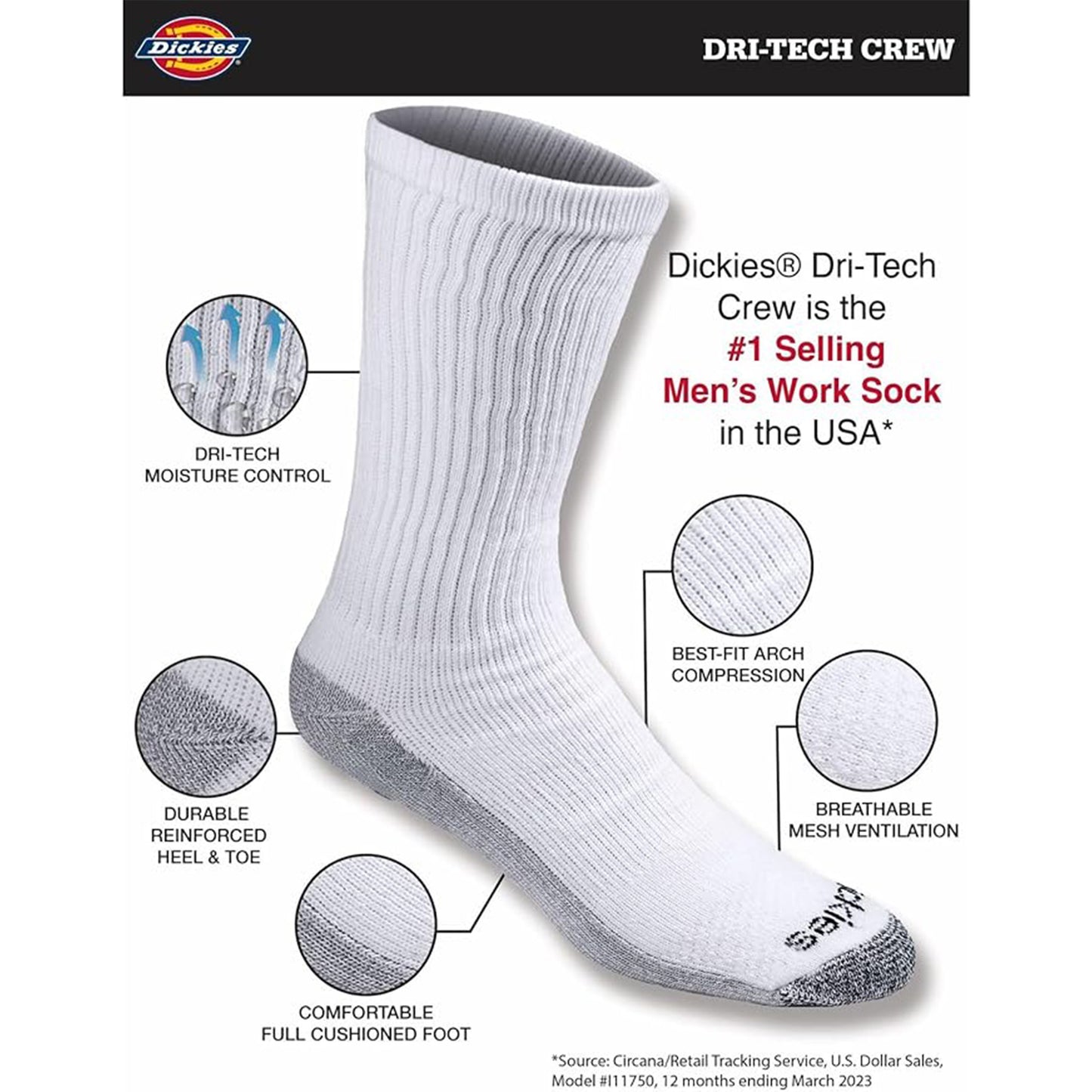 Dickies Men's 6 Packs Dri-Tech Moisture Control Crew Work Socks, Sizes 6-12