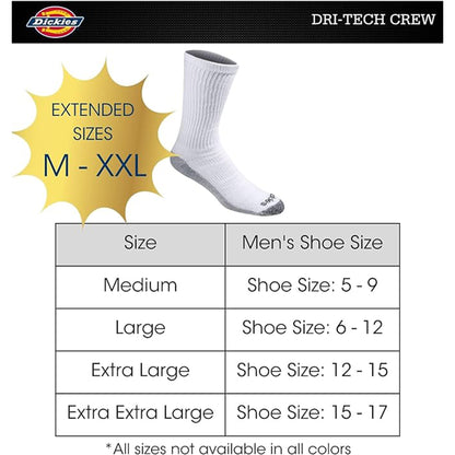 Dickies Men's 6 Packs Dri-Tech Moisture Control Crew Work Socks, Sizes 6-12