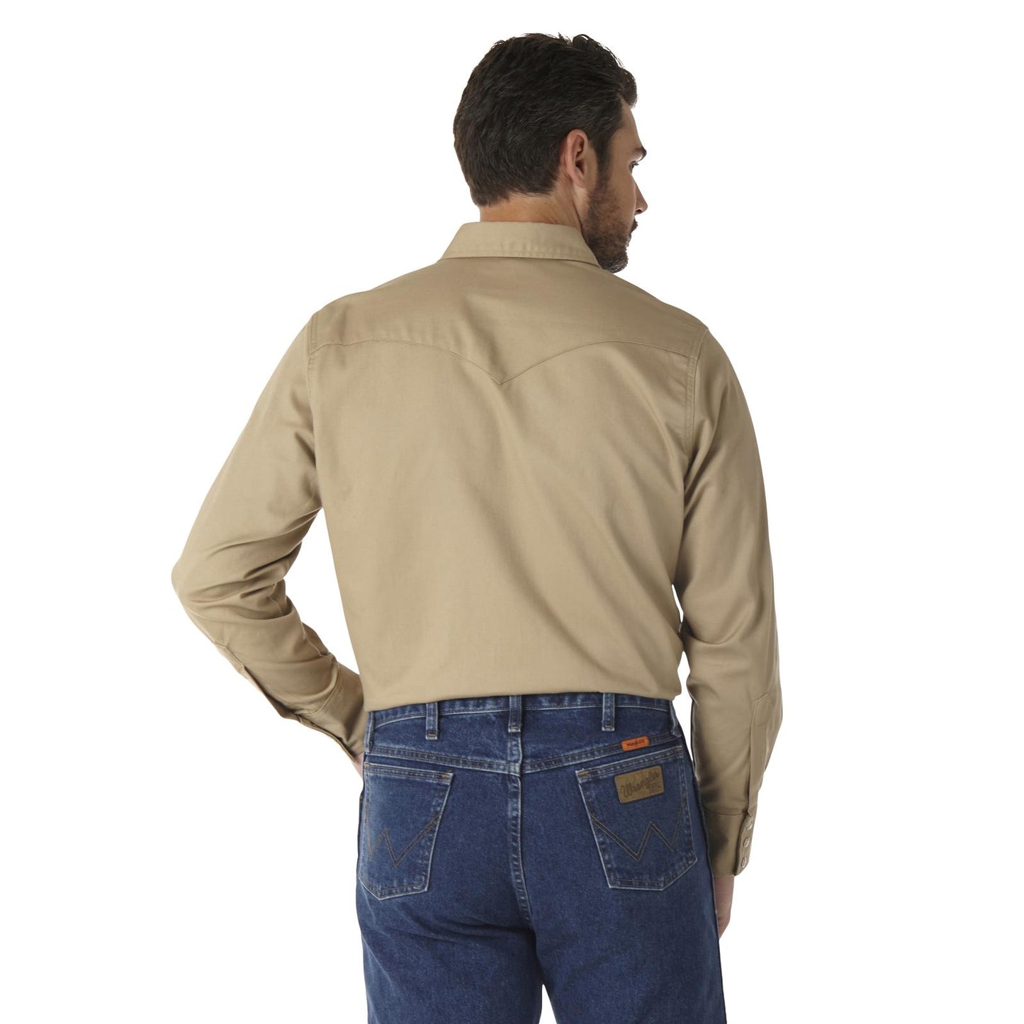 Wrangler® FR Flame-Resistant Long Sleeve Western Snap Solid Twill Work Shirt - Khaki