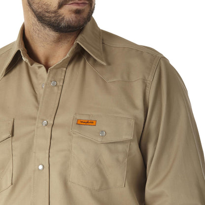 Wrangler® FR Flame-Resistant Long Sleeve Western Snap Solid Twill Work Shirt - Khaki