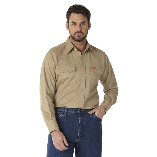 Wrangler® FR Flame-Resistant Long Sleeve Western Snap Solid Twill Work Shirt - Khaki