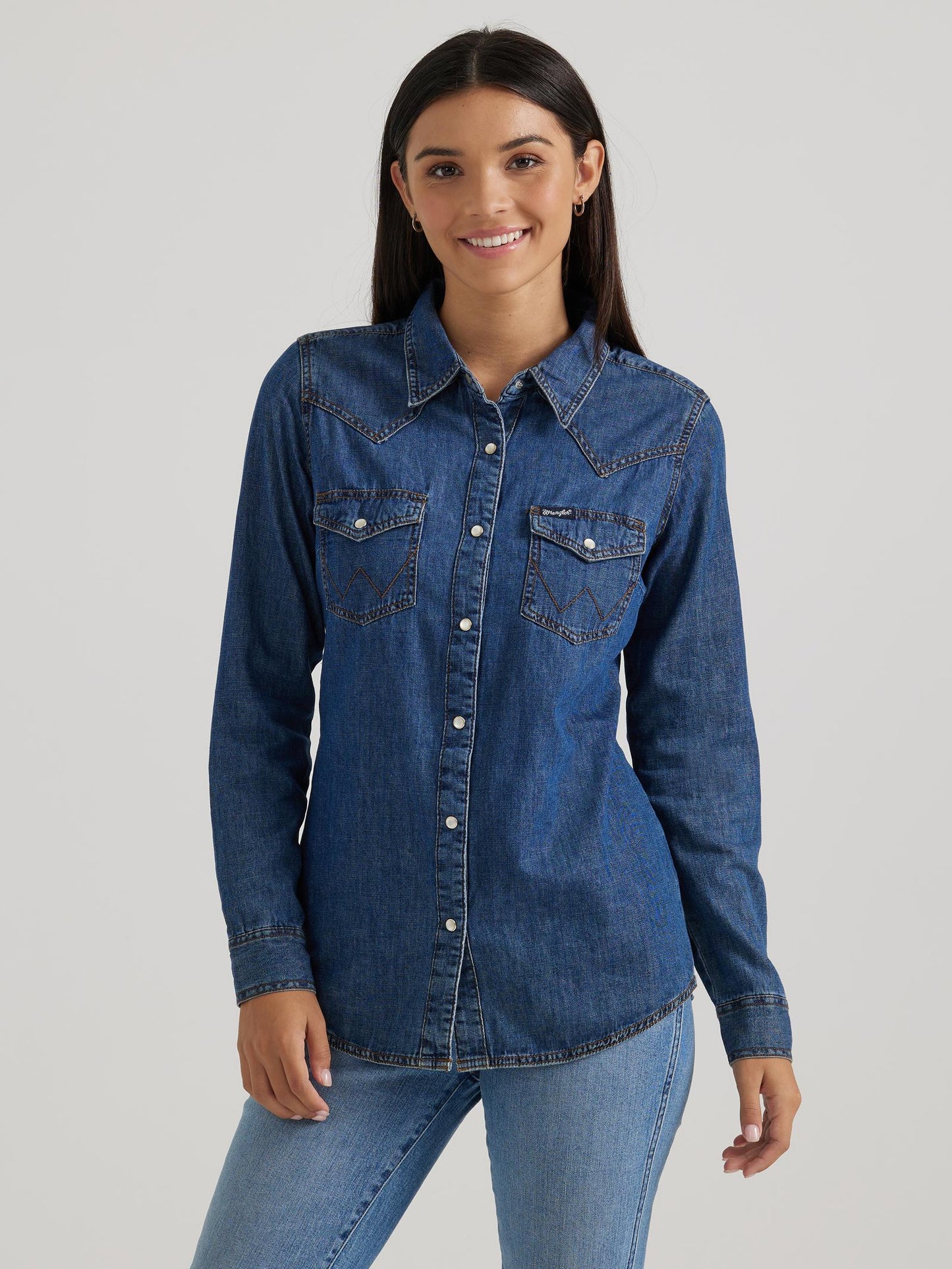 Wrangler® Women's Long Sleeve Western Snap Denim Shirt - Dark Denim - LW7007D