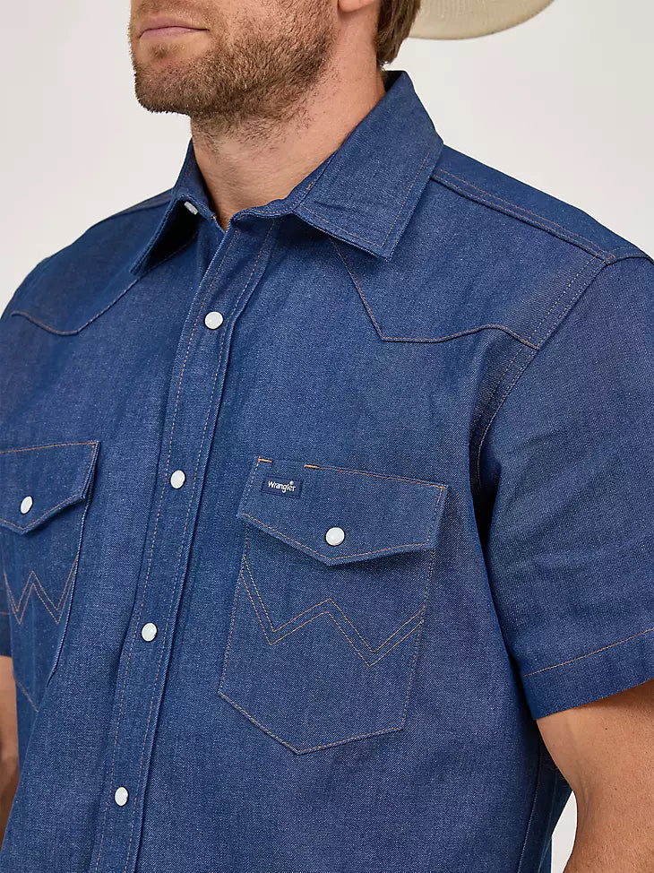 Wrangler® Cowboy Cut® Firm Finish Denim Short Sleeve Work Western Shirt-MS3127B-Blue Indigo