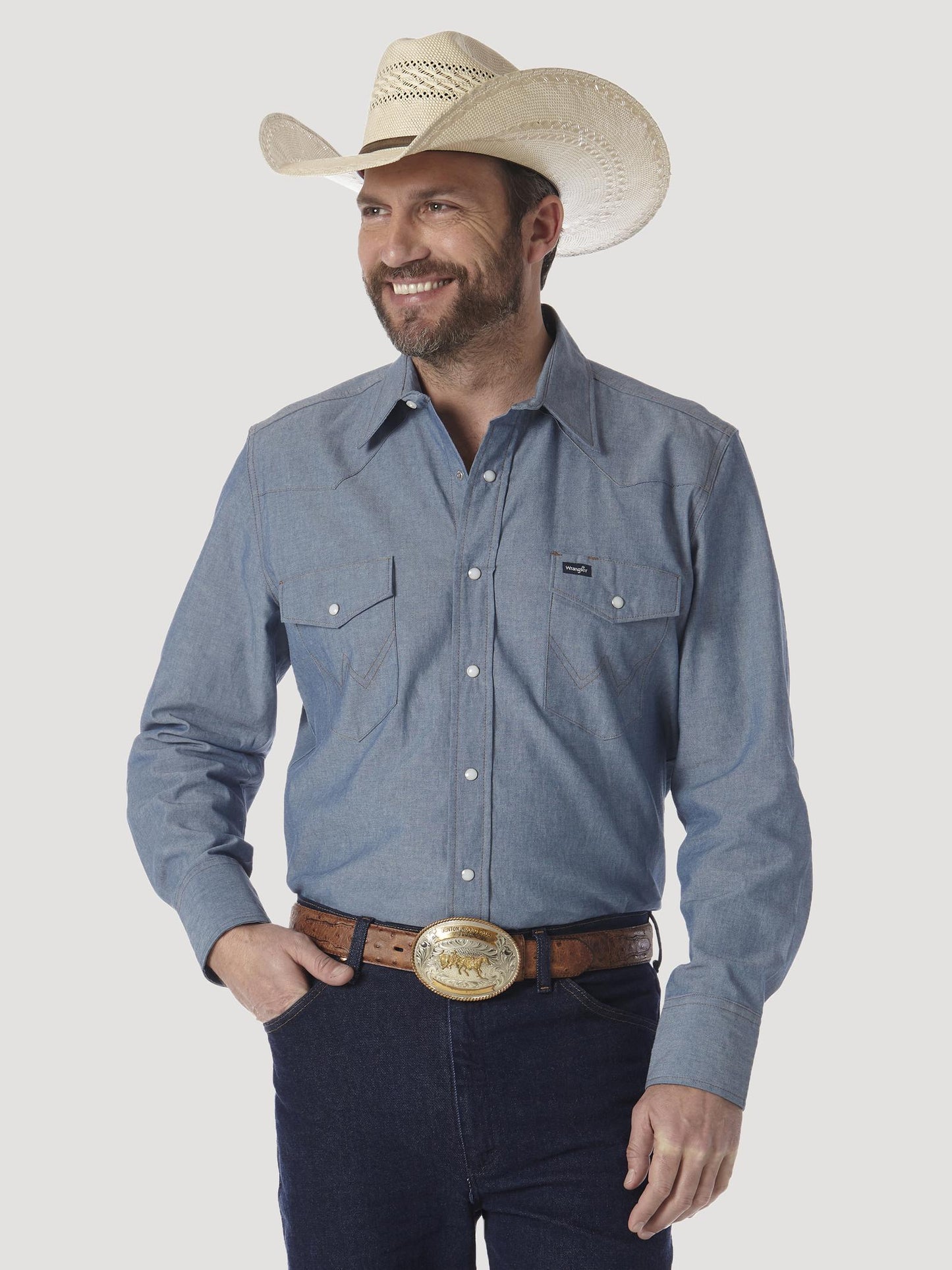 Wrangler Cowboy Cut® Long Sleeve Western Snap Work Shirt Chambray   MS70919