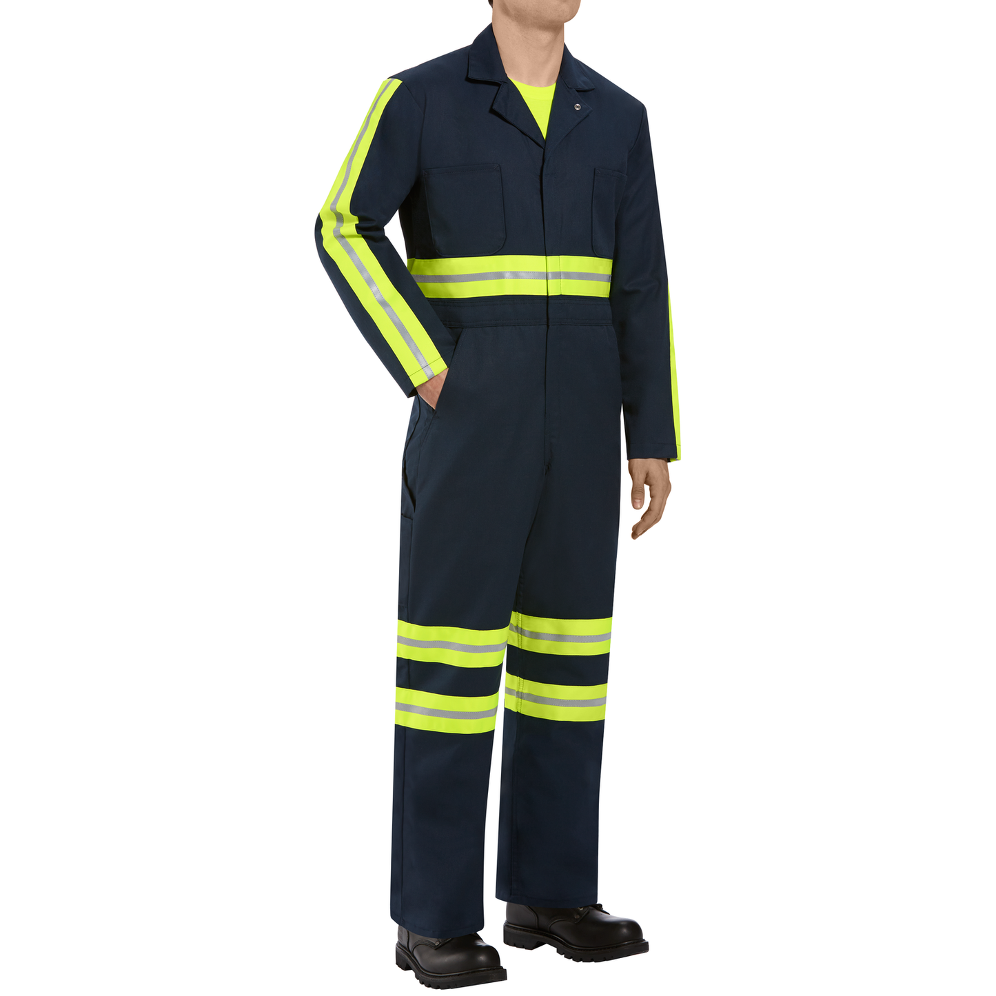 Red Kap Enhanced Visibility Twill Action Back Coverall-Navy w/ Yellow Visibility Trim